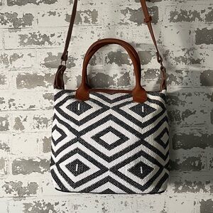 Tribe Alive Woven Crossbody Tote Bag Black White Geometric ethically sourced